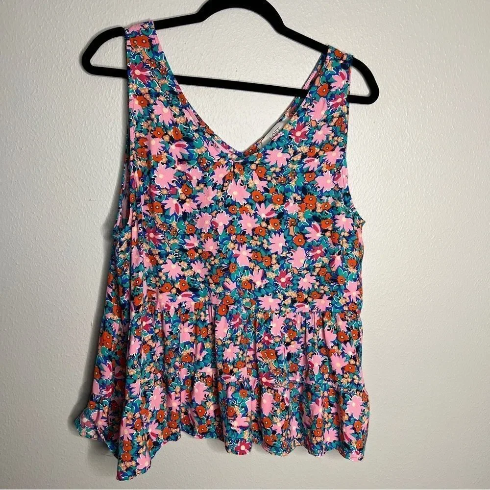 Loft Daisy Double V Peplum Shell Tank Top Floral Print Sz L Pink Blue Green
